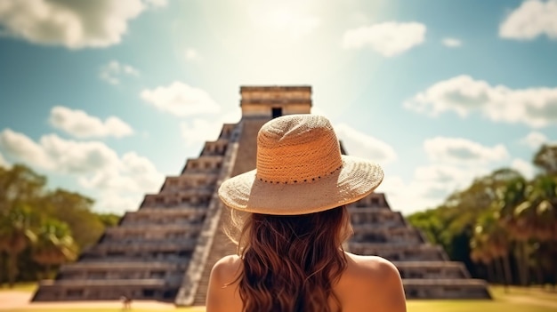 Foto una joven turista con un sombrero se encuentra