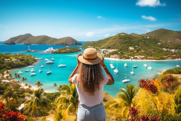 Una joven turista tomando una foto del puerto inglés desde Shirley Heights Antigua Paradise Bay en Trop