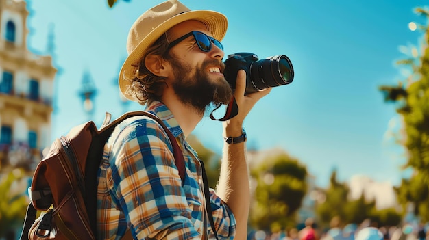 Joven turista tomando fotos de la ciudad