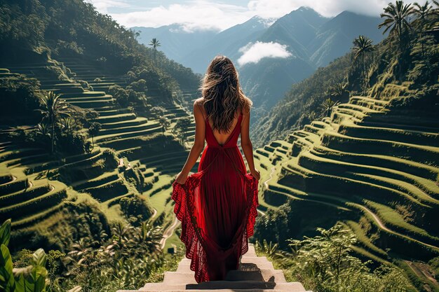 Una joven turista vestida de rojo admirando la impresionante terraza de arroz de Tegalalang en Bali
