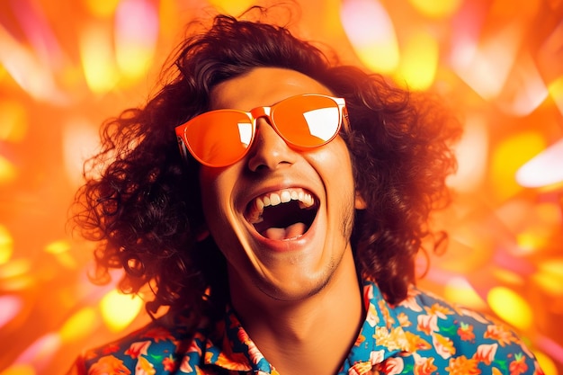 Foto un joven ultra guapo sonriendo y riendo con ropa brillante en un fondo vívido