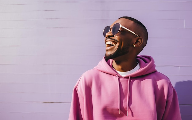 Un joven ultra guapo sonriendo y riendo con ropa brillante