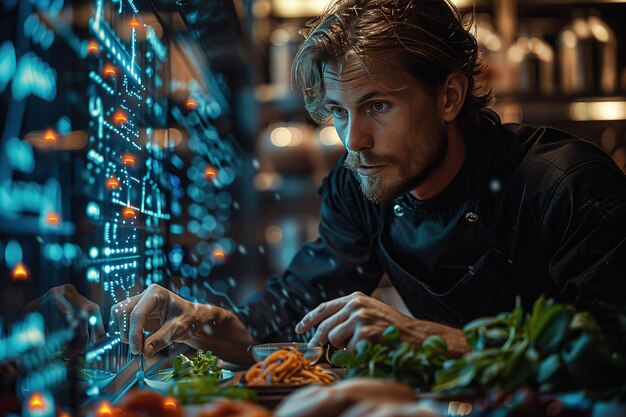 Un joven con un uniforme de chef mira atentamente a una pantalla posiblemente programando un robot chef