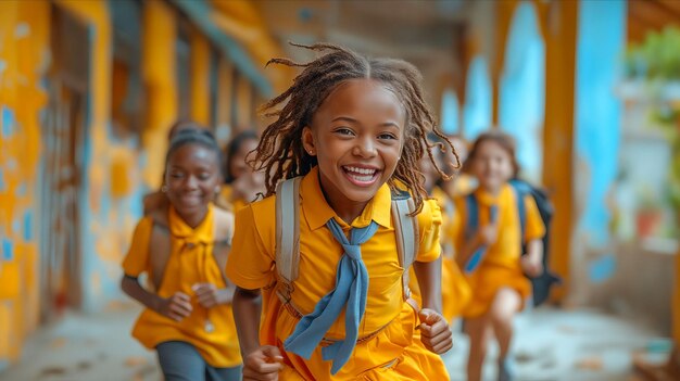 Foto una joven en uniforme escolar amarillo corriendo por un pasillo