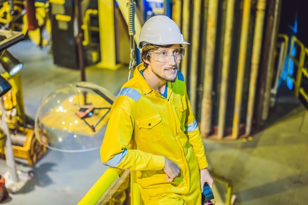 Joven con uniforme de trabajo amarillo, gafas y casco en una plataforma de aceite ambiental industrial o