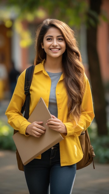 Joven universitaria india sosteniendo mochila y libros y dando expresión feliz