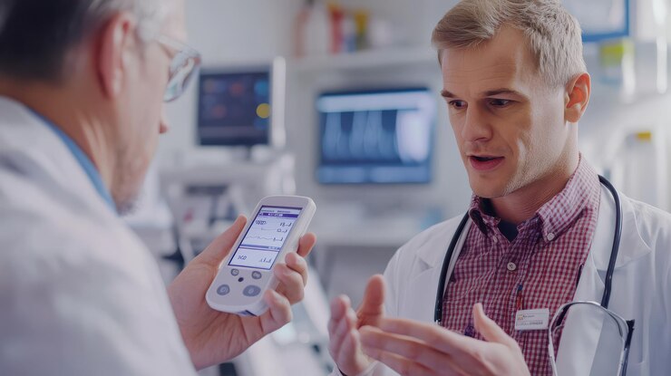 Foto un joven usa un oxímetro de pulso mientras conversa con un médico para controlar su salud