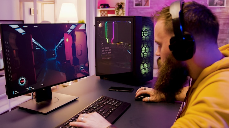 Foto joven usando audífonos mientras juega videojuegos en línea. jugador de juegos profesional.