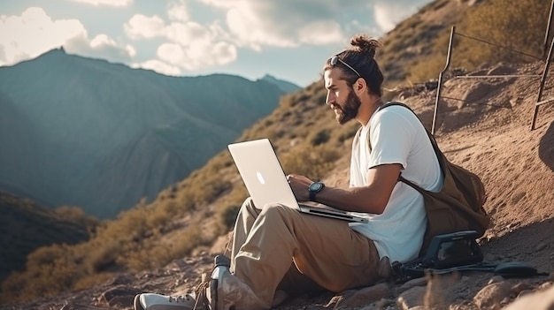 joven usando computadora portátil en la cima de la montaña