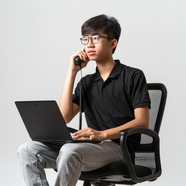 Joven usando una computadora portátil en una silla