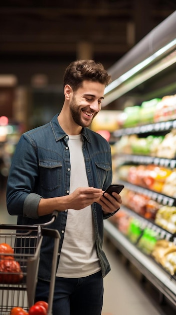 joven usando el teléfono mientras compra comestibles en el supermercado otros clientes en el fondo