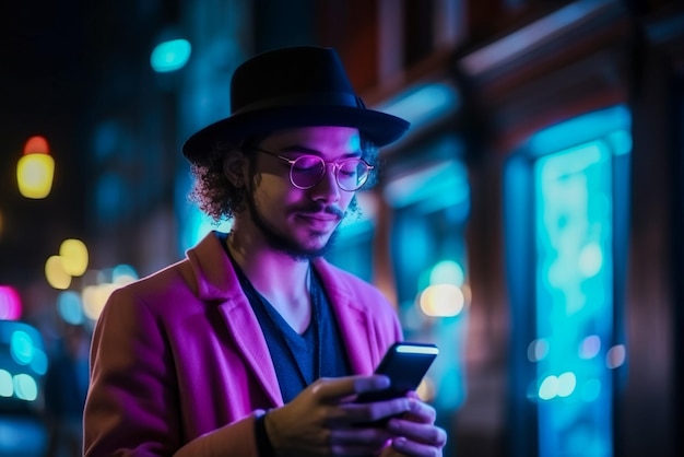 Joven usando un teléfono móvil en la ciudad por la noche IA generativa