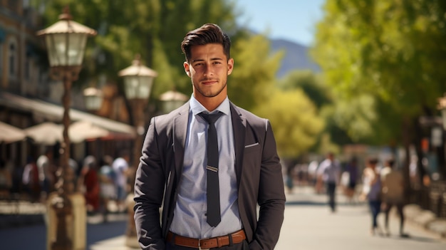 Joven uzbeco profesional sonriente parado al aire libre en la calle y mirando a la cámara