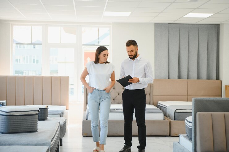 Foto un joven vendedor consulta a una cliente en una tienda de muebles