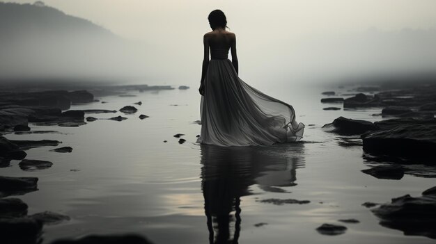 joven con vestido blanco de pie en el agua