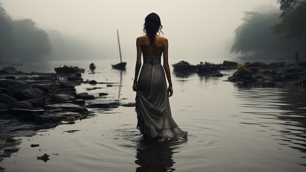 joven con vestido blanco de pie en el agua