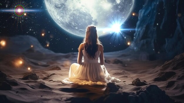joven con vestido blanco en la Tierra observando la superficie de la nebulosa del planeta lunar