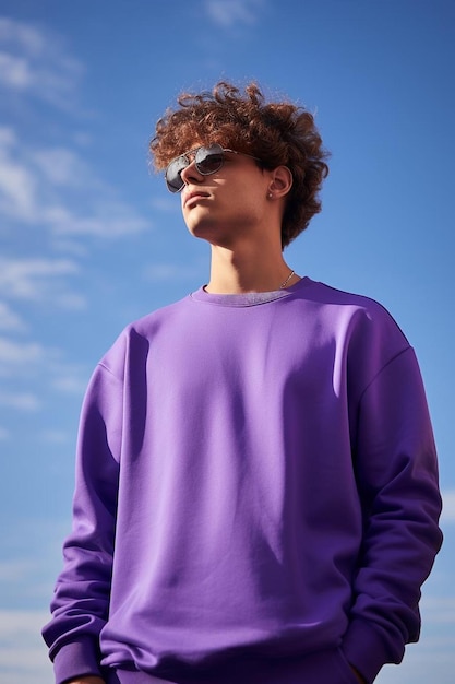 Un joven vestido con una camisa morada y gafas de sol se para frente a un cielo azul.