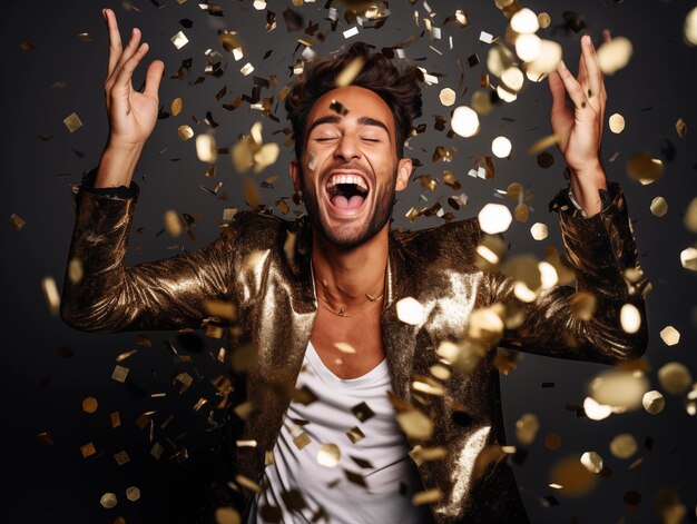 Foto joven vestido con chaqueta de lentejuelas divirtiéndose en la fiesta de año nuevo feliz chico bailando y