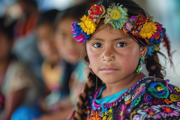 Una joven con un vestido colorido con flores en el cabello