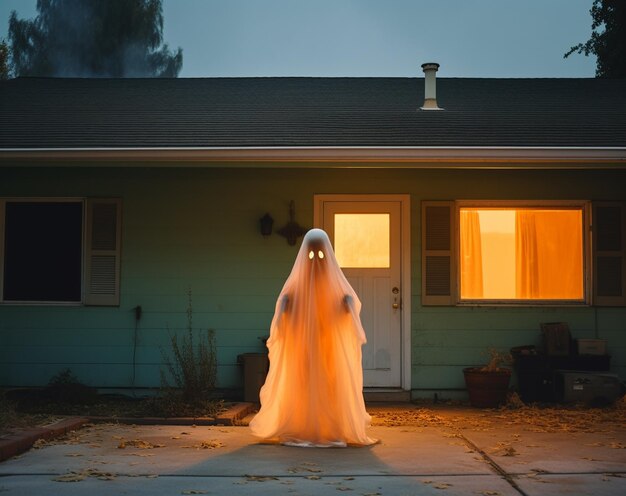 Foto joven vestido de fantasma halloween frente a uma casa