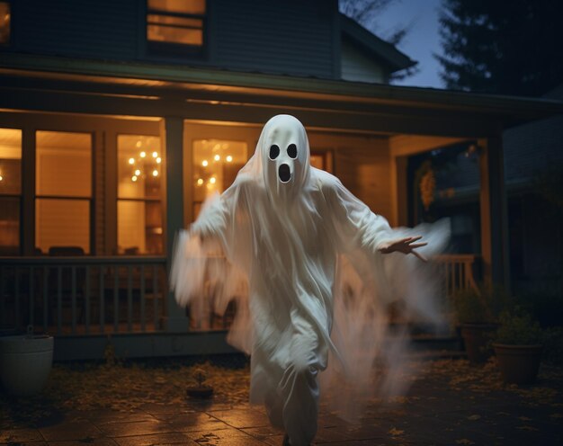 Joven Vestido de Fantasma Halloween vor einem Haus