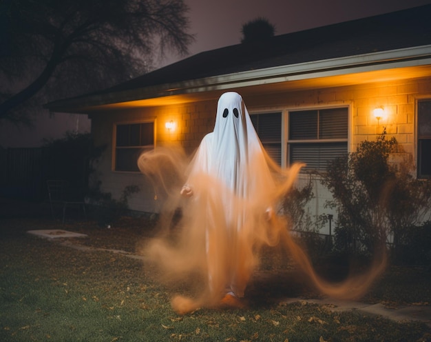 Foto joven vestido de fantasma halloween frente a una casa