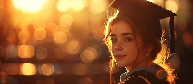 Foto una joven con un vestido de graduación está de vuelta a la vista