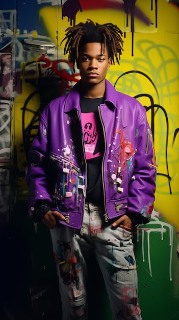 Un joven vestido de moda con el telón de fondo de una pared de graffiti