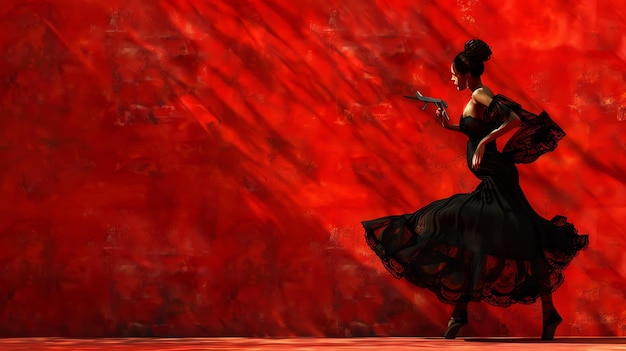 Foto una joven con un vestido negro está bailando apasionadamente tiene una pistola en la mano el fondo es rojo