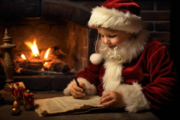 Un joven vestido de Papá Noel componiendo una carta llena de deseos para que Papá Noel disfrute del espíritu festivo de Navidad y Año Nuevo.