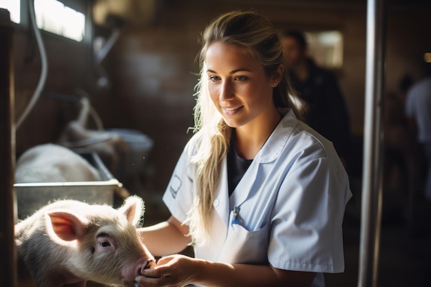 Foto una joven veterinaria con un endoscopio acaricia a una vaca lechera