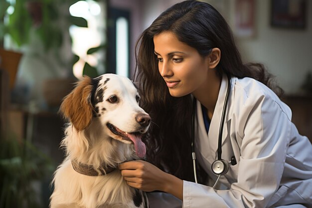 Joven veterinaria india con perro dentro de la clínica con expresión feliz