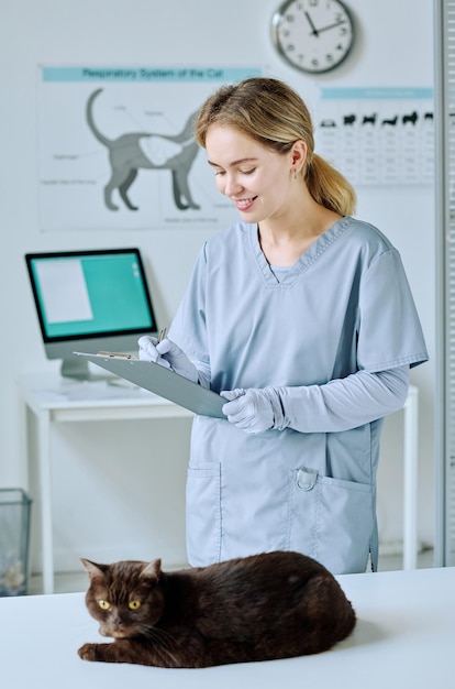 Joven veterinaria en uniforme que llena el documento médico después del examen médico del gato doméstico en la clínica