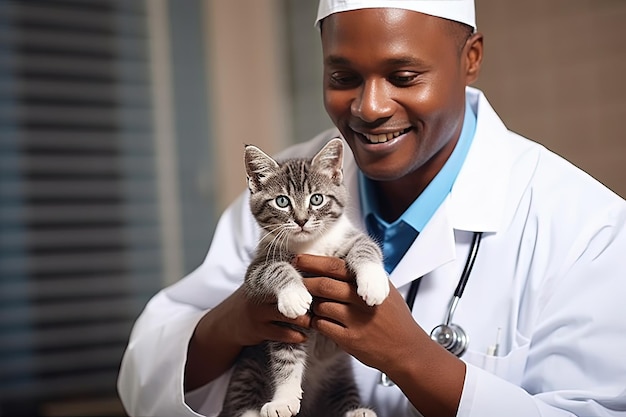 Joven veterinario con un gatito en la clínica Médico veterinario afroamericano comprueba la salud de un gatito Amor por las mascotas y preocupación por su salud