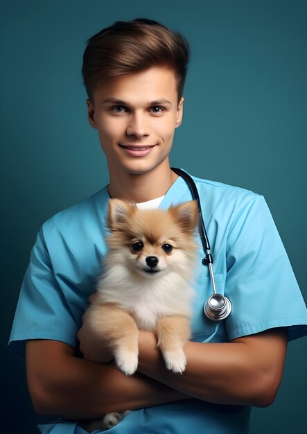 Foto joven veterinario que tiene un perro en una clínica veterinaria que cuida de animales medicina veterinaria