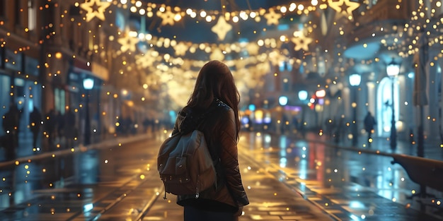 Una joven viajera está de visita en la Avenida de las Estrellas por la noche.