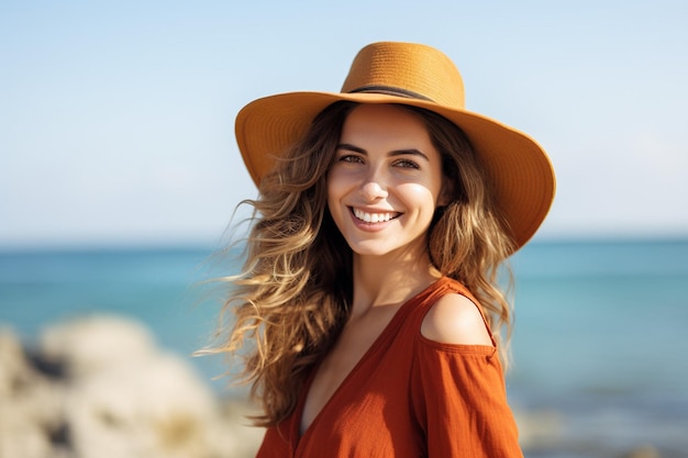 Una joven viajera con un sombrero posa contra el telón de fondo de una playa de mar en verano