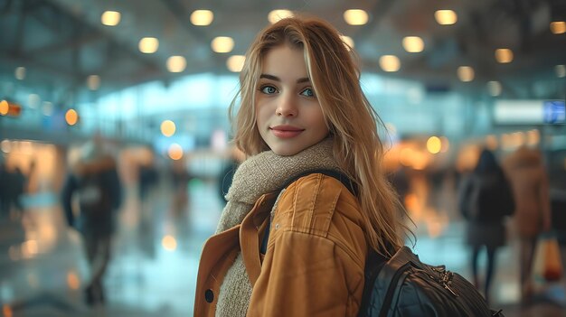 Joven viajera sonriendo en la bulliciosa terminal del aeropuerto, estilo informal y cómodo, lista para la aventura AI