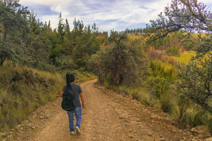 joven viajero caminando por un sendero de montaña rodeado de vegetación llevando una guitarra en la espalda