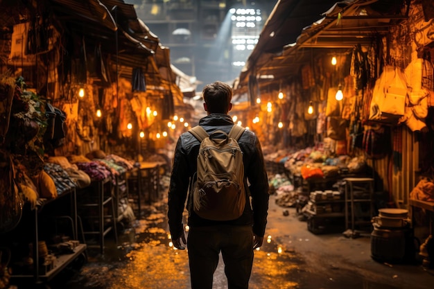 Un joven viajero en el contexto de un colorido mercado callejero IA generativa