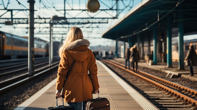 Un joven viajero espera el tren con el equipaje en la plataforma