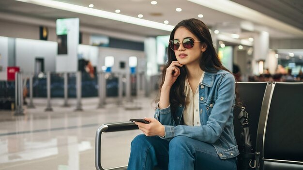 Foto joven viajero esperando en el aeropuerto