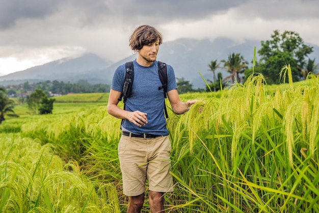 Joven viajero en hermosas terrazas de arroz de Jatiluwih contra el fondo de volcanes famosos en Bali, Indonesia