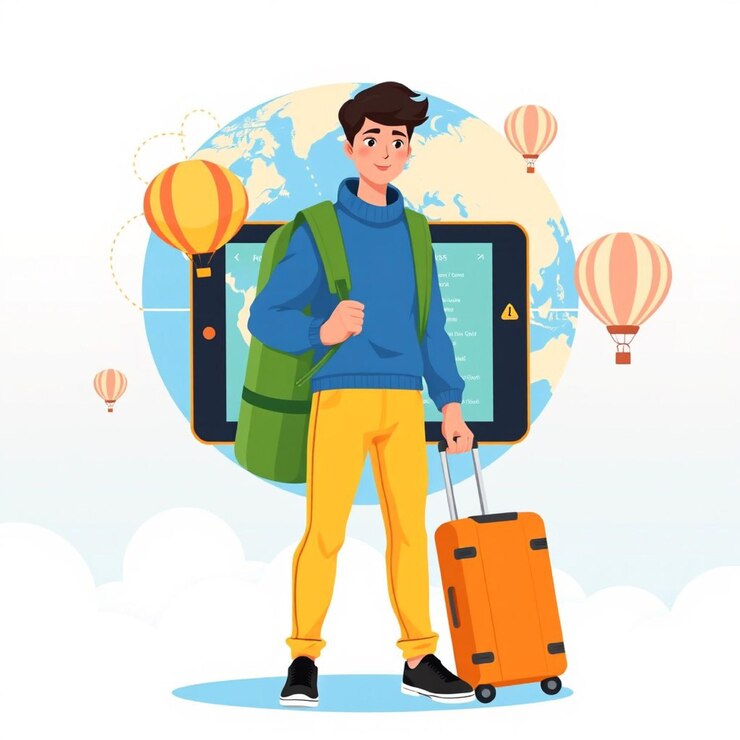 Joven viajero con maleta y teléfono inteligente explorando el mundo