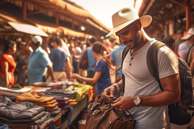 Joven viajero que compra productos locales en un mercado turístico AI Generado