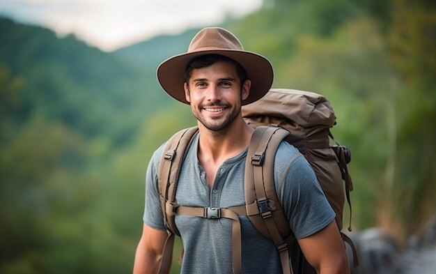 Foto joven viajero con sombrero y mochila caminando al aire libre concepto de viaje, estilo de vida y aventura