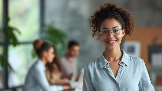 Una joven vibrante vestida de negocios sosteniendo gafas que exudan confianza Los colegas trabajan en segundo plano en una oficina moderna y luminosa