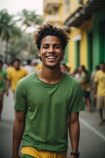 Un joven vibrante vestido de verde y amarillo.