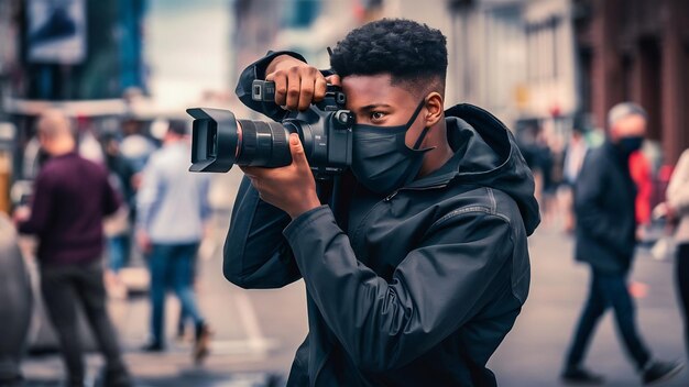 Joven videógrafo profesional afroamericano con una cámara profesional con equipo profesional